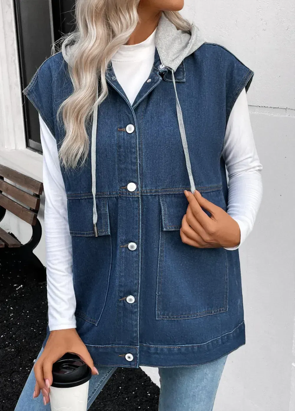 Denim Blue Patchwork Sleeveless Hooded Waistcoat