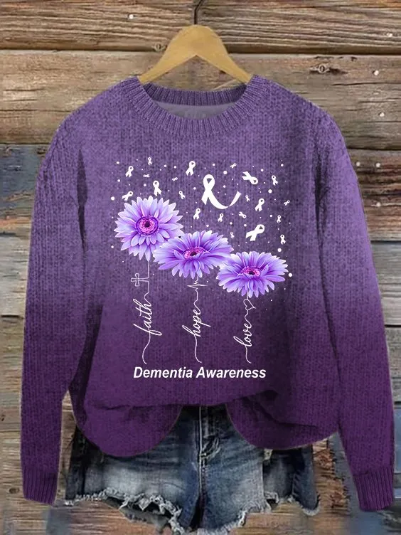 Women's Faith Hope Love Alzheimer's Awareness Print Crew Neck Knitted Casual Sweater