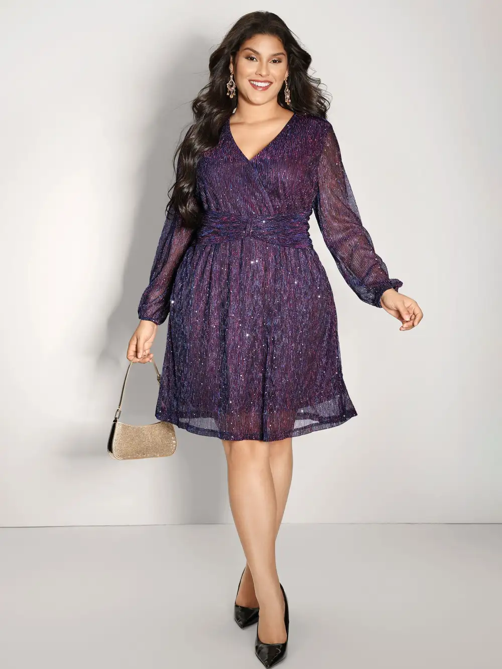 Shimmery Pleated-Waist Pockets Knee-Length Dress