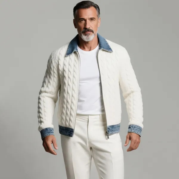 Men's Denim Trim Shirt Collar Long Sleeve Cable Knit Zipper Jacket