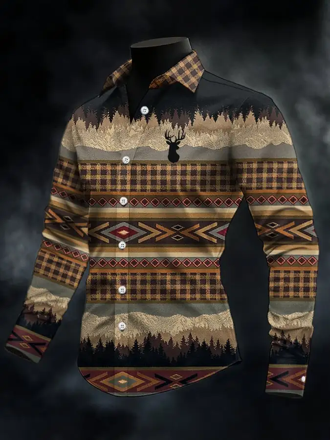 Men's Retro Elk Print Casual Shirt
