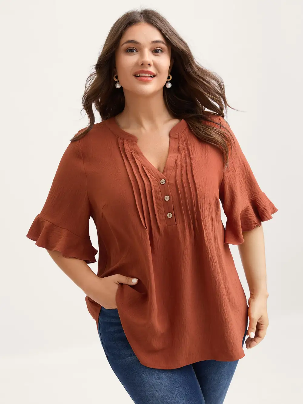 Toothpick Pleats Ruffled Sleeve Solid Blouse