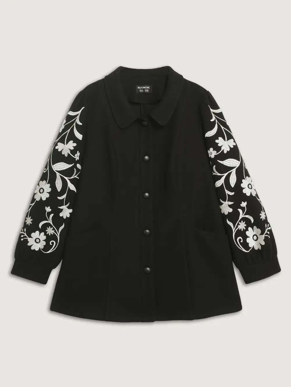 Floral Embroidered Sleeve Slant Pockets Coat