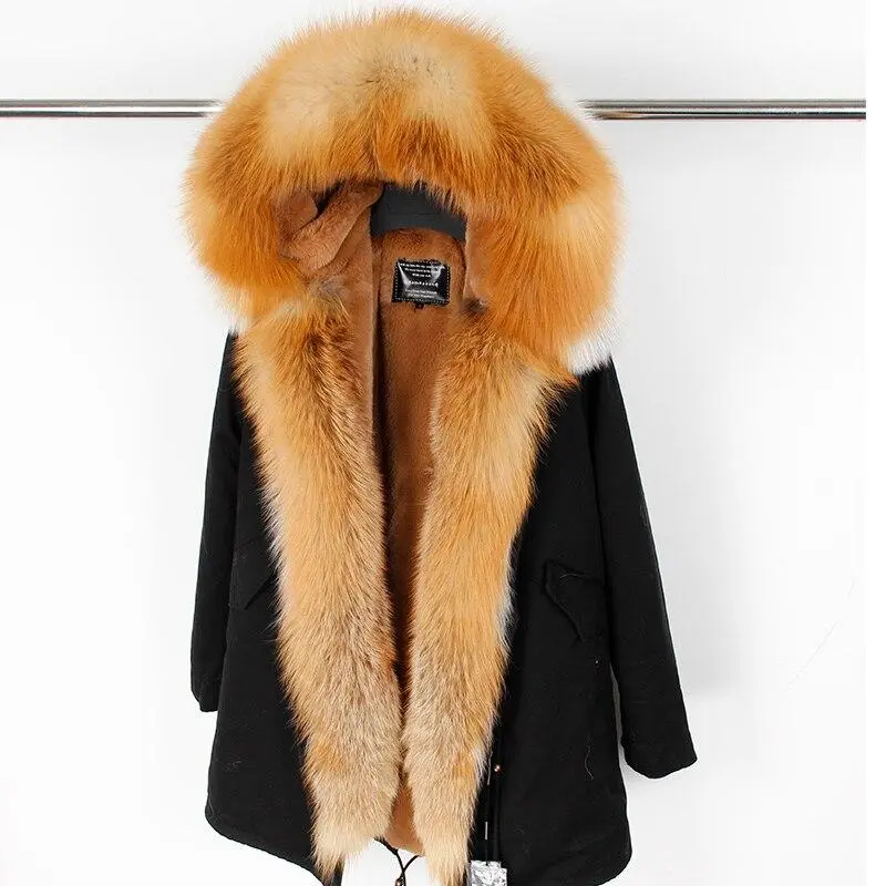 Women's Parka Natural Fox Fur Long Coat Artificial Fur Lining Fur