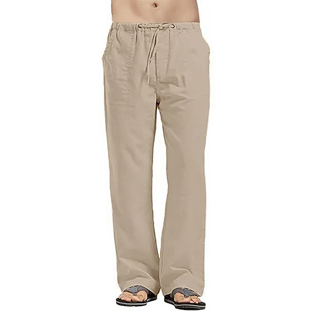 Men's Linen Pants Trousers Summer Pants Beach Pants Pocket Drawstring Elastic Waistband Plain Comfort Breathable Full Length Daily Streetwear Linen / Cotton Blend Fashion Casual / Sporty Loose Fit