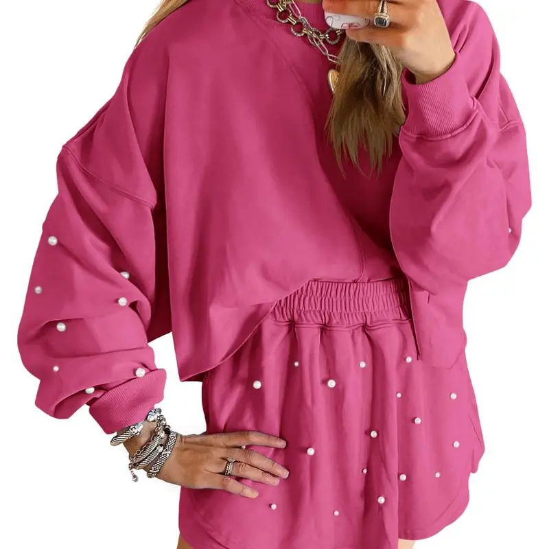 Women's Pearl-Decor Long Sleeve Sweatshirt & Loose Mini Skort 2-Piece Casual Fall Set.