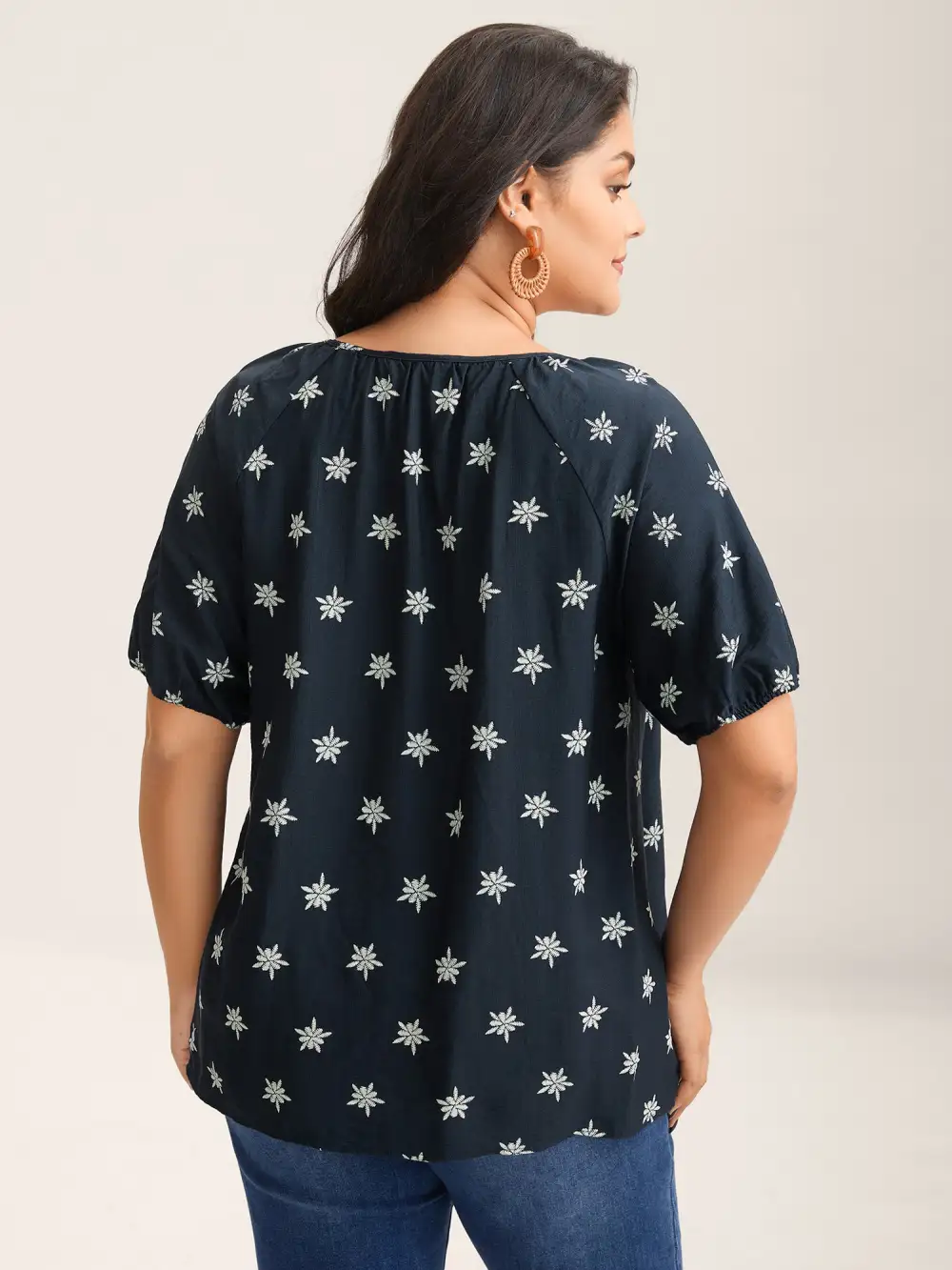 Boho Print Keyhole Pleated Blouse