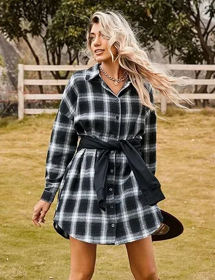 Women's Button Down Flannel Shirts Plaid Shacket Long Sleeve Collared Long Jacket Coats