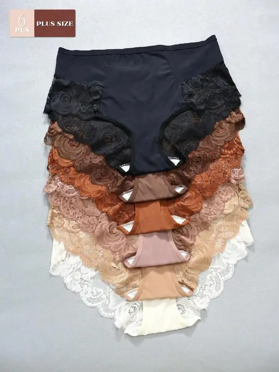 6pcs Plus Size Breathable Lace Trim Sexy Bikini Panties