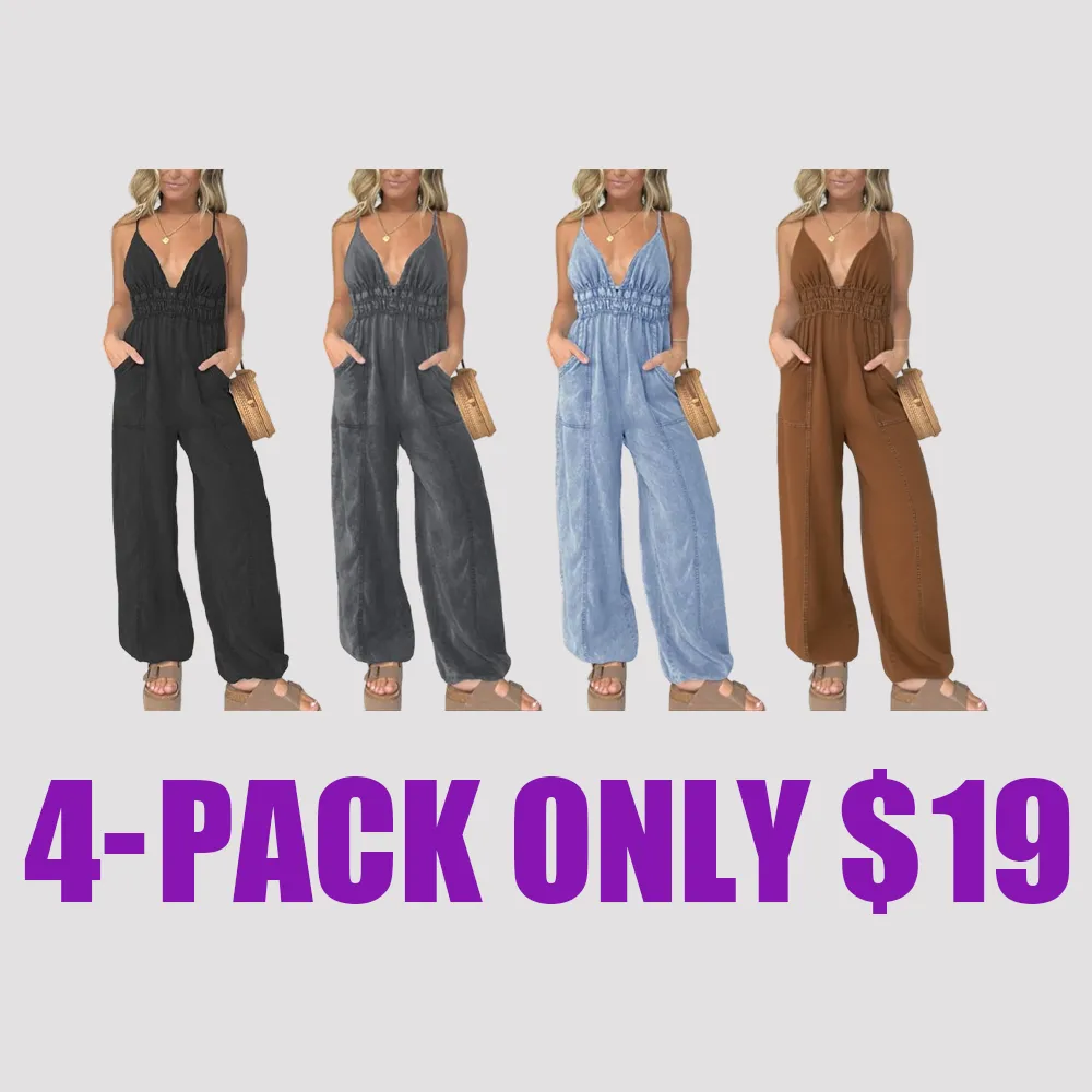 Women's Backless Denim Cami Jumpsuit – Casual Wide-Leg Overalls with Pockets, Minimalist Sleeveless Outfit for Daily & Summer Wear
