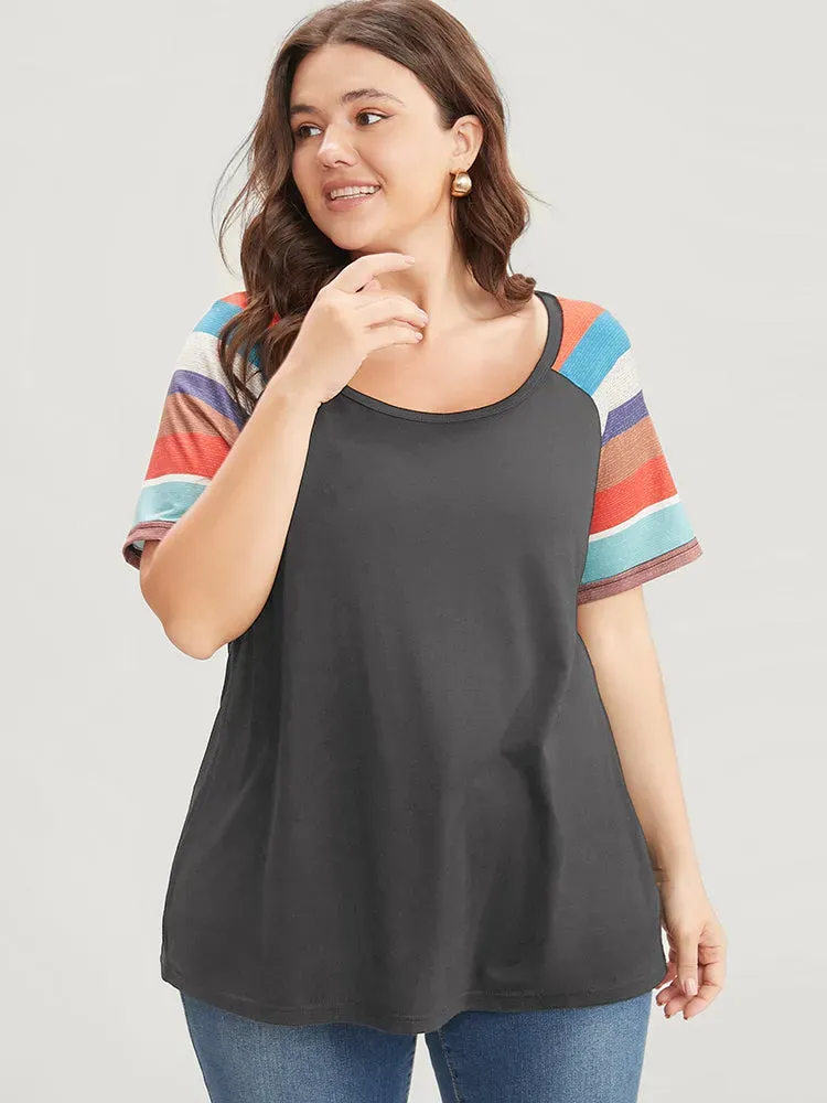 Striped Contrast Raglan Sleeve Round Neck T-shirt