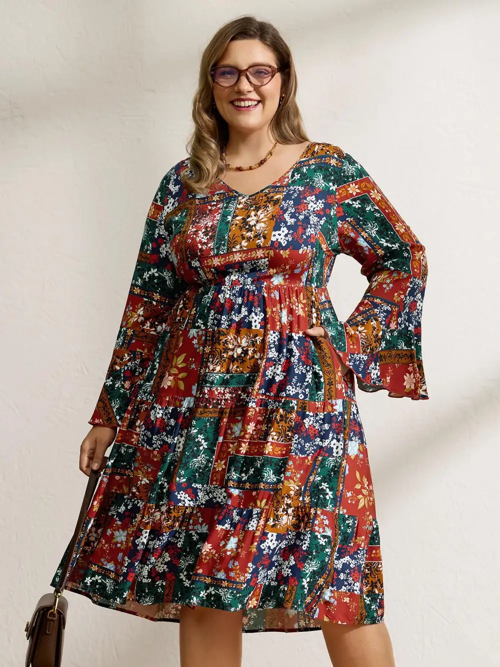 Floral Collage Print Deep V-Neck Midi Dress