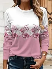 Women's T shirt Crew Neck Long Sleeve Tunic Floral Graphic Plants Vintage Stylish Classic  Round Neck Regular Tops Daily Print Yellow Pink Blue Purple Green Fall
