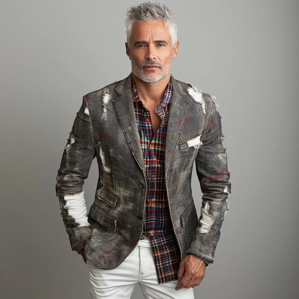 Men's Ripped Denim Splash-ink Notched Lapel Two Button Blazer
