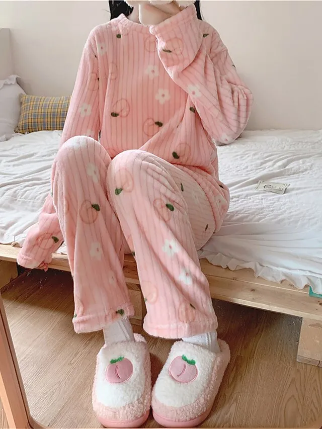 Women's Fleece Loungewear Sets Fluffy Pajama Fuzzy 2 Pieces Bear Peach Fashion Casual Comfort Street Daily Date Polyester Warm Crew Neck Long Sleeve Pant Fall Winter Lotus Pink Black