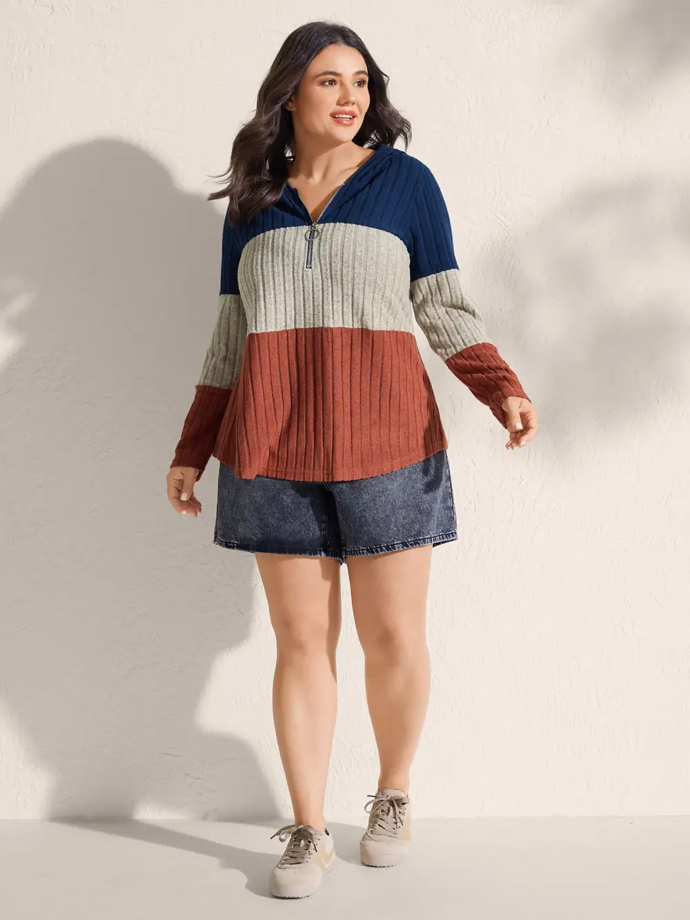 Color Block Half Zipper Ribbed Hoodie