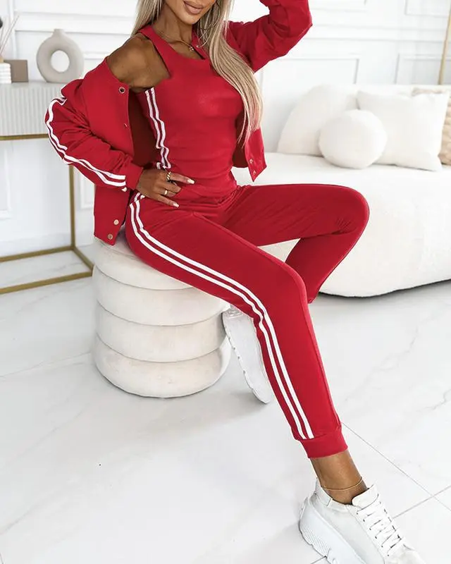 2025 Women's 3 - Piece Tracksuit: Tank Top, Button Jacket, Cuffed Pants