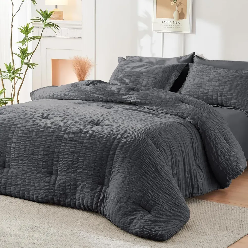 Queen Comforter Set Seersucker 7 Pieces, All Season Luxury Bed in a Bag for Bedroom, Bedding Set with Comforters, Sheets, Pillowcases & Shams, Dark Grey