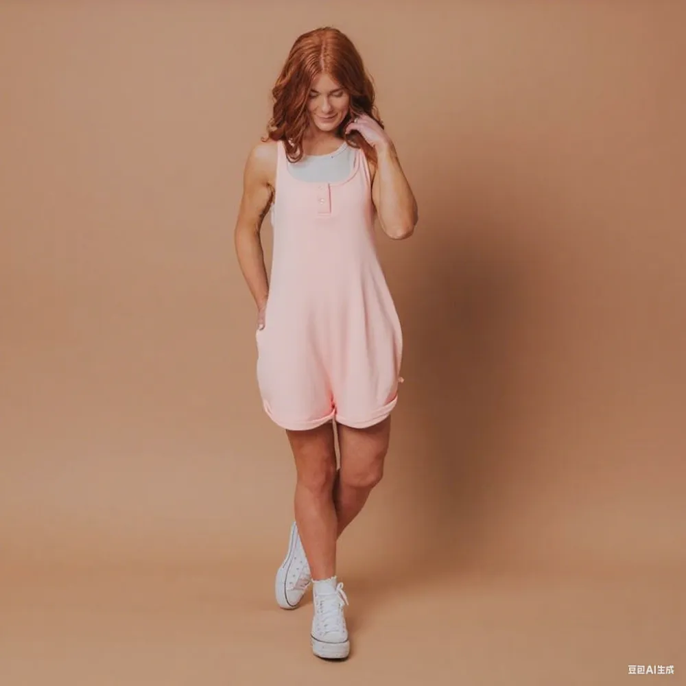 Women's Sleeveless Short Romper – Fern Green Casual Tank Jumpsuit with Pockets