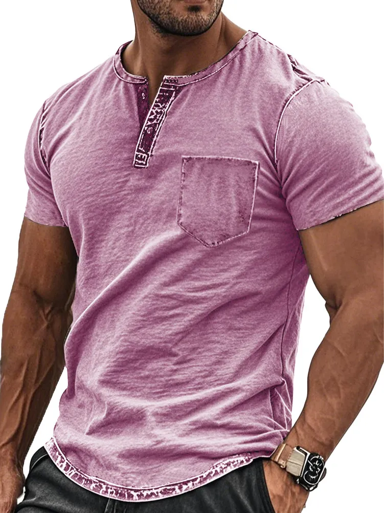 Men's Fashion Retro Distressed Pocket Short-sleeved Henley Shirt