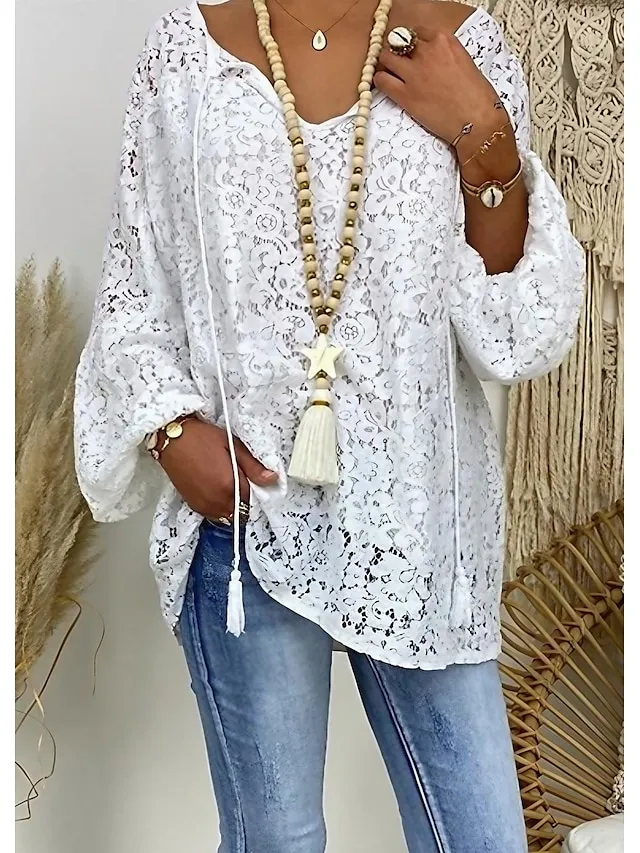 Women's Plus Size Lace Shirt Blouse Floral Lace Daily Vacation Going out Elegant Streetwear Casual Long Sleeve V Neck White Spring Fall