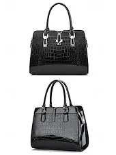 Women's Burgundy Patent Faux Leather Handbag - Croc Embossed Structured Tote Bag with Top Handle and Shoulder Strap, Perfect for Mother's Day Gift, Office, Business and Formal Occasions