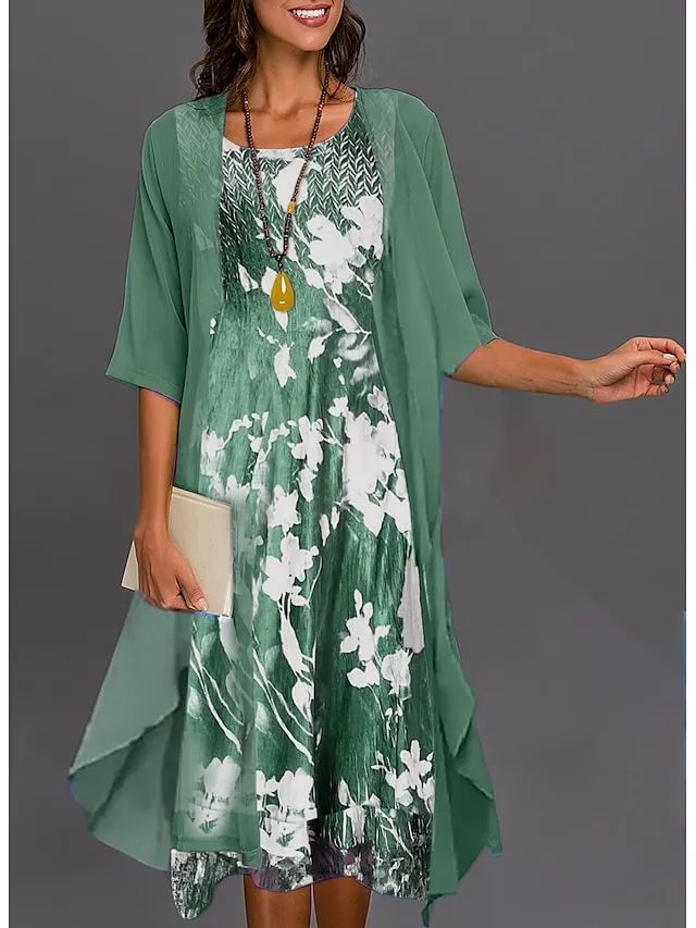 Women‘s Dress Set Two Piece Dress Midi Dress Green Blue Gray Half Sleeve Floral Print Summer Spring U Neck Casual 2023 S M L XL XXL 3XL