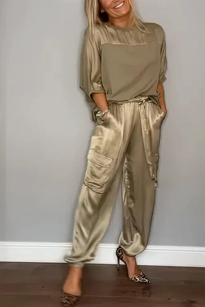 Women's Smooth Satin Half-sleeved Top and Pant Suit Two-piece