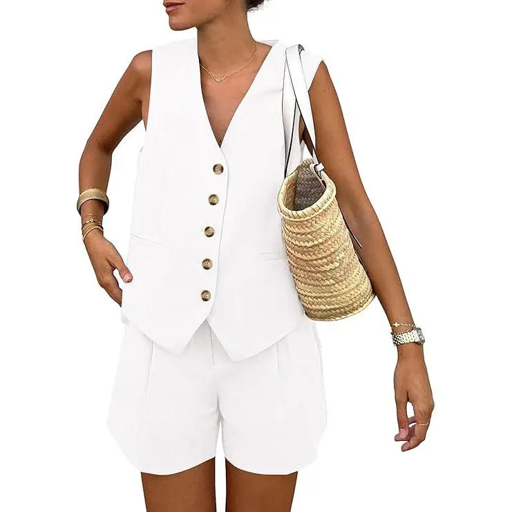 Women's 2-Piece Summer Outfit – Sleeveless V-Neck Button Down Top & Shorts Set with Pockets, Minimalist Casual Loungewear