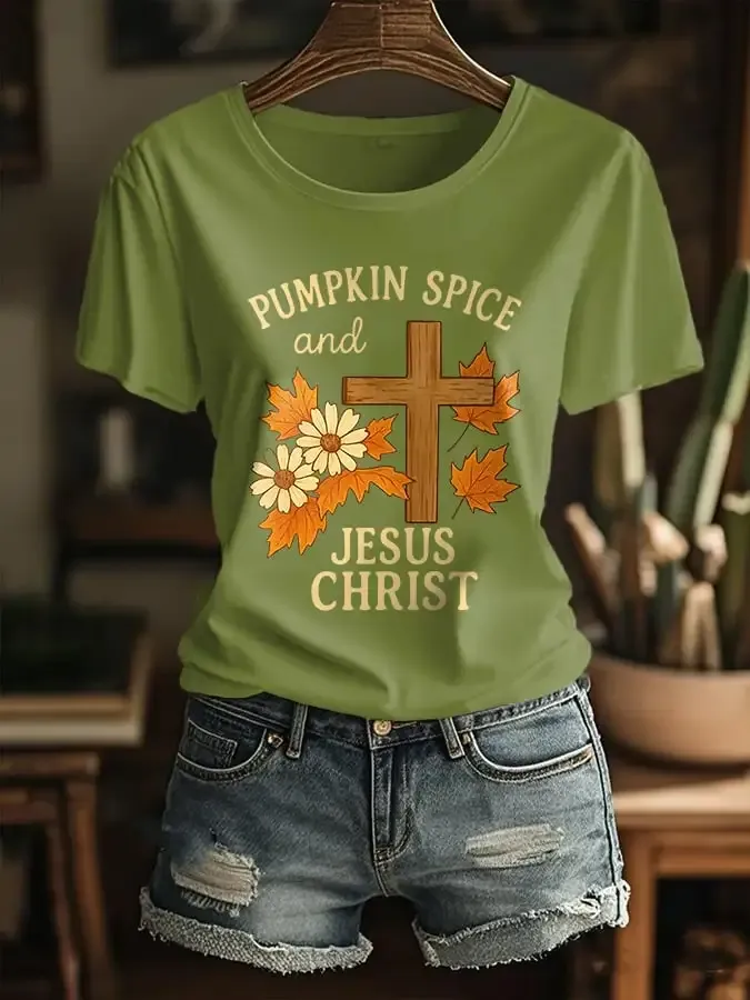 Women's Pumpkin Season Jesus Faith Cross Casual T-shirt