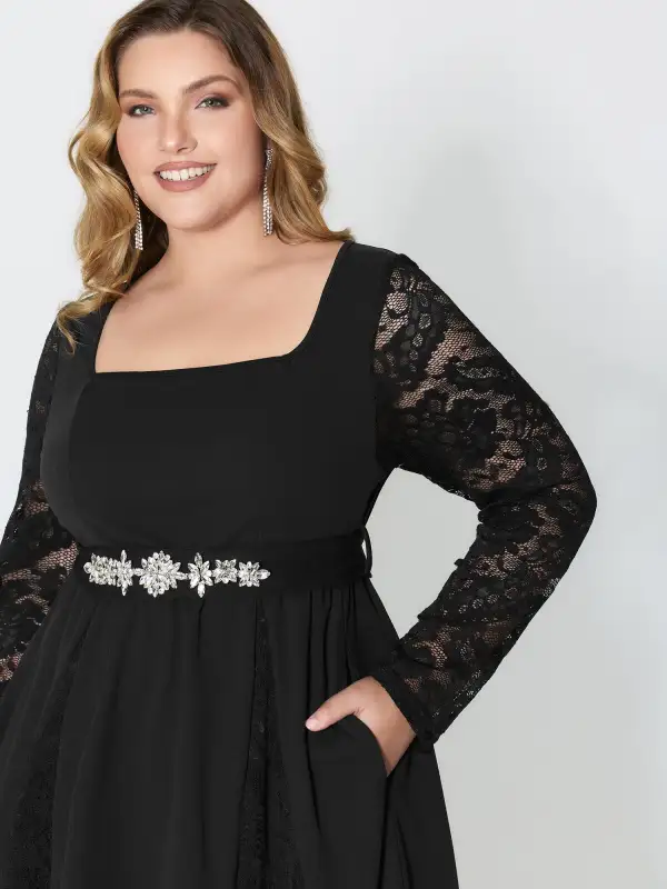 Hotfix Rhinestones Lace Trim Midi Dress