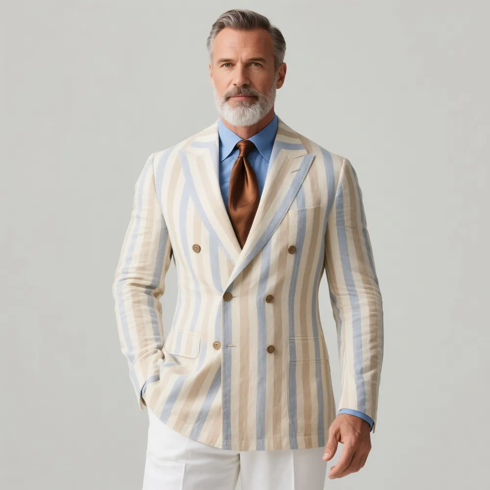 Men's Business Colorblock Striped Peaked Lapel Double Breasted Long Sleeve Blazer