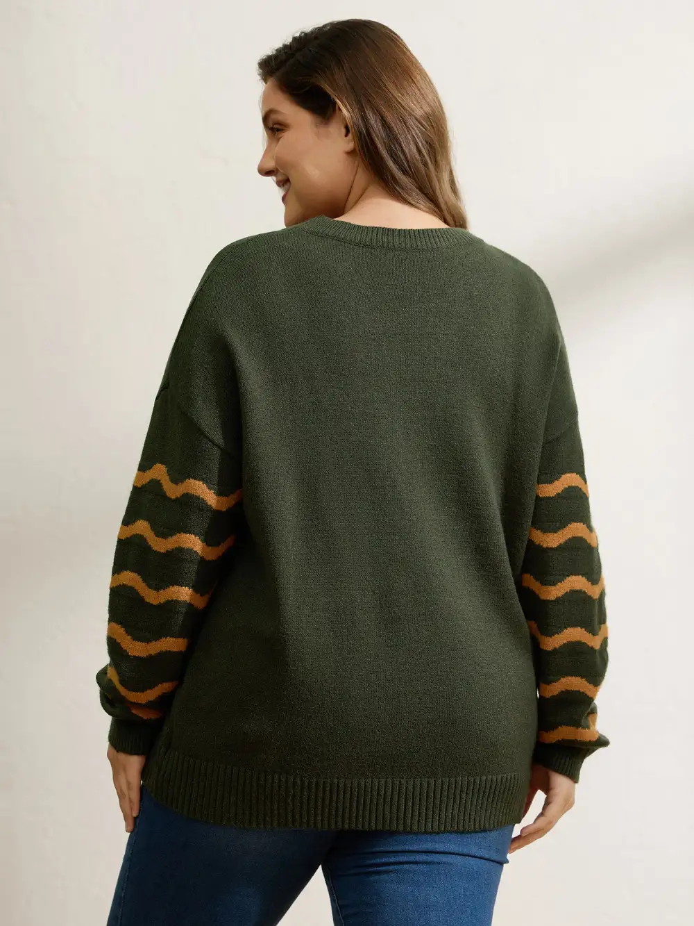 Cat Wavy Print Jacquard Contrast Pullover