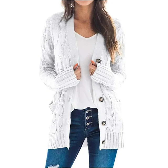 Women's Cardigan Pocket Knitted Button Solid Color Casual Chunky Long Sleeve Regular Fit Sweater Cardigans