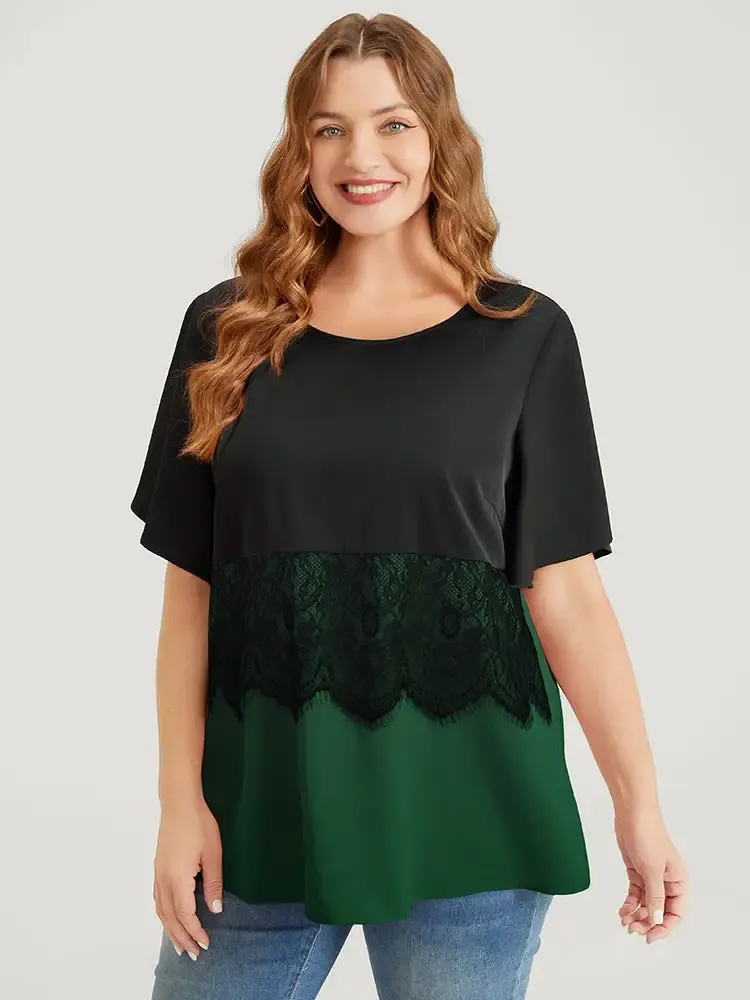 Colorblock Contrast Lace Panel Ruffles Blouse