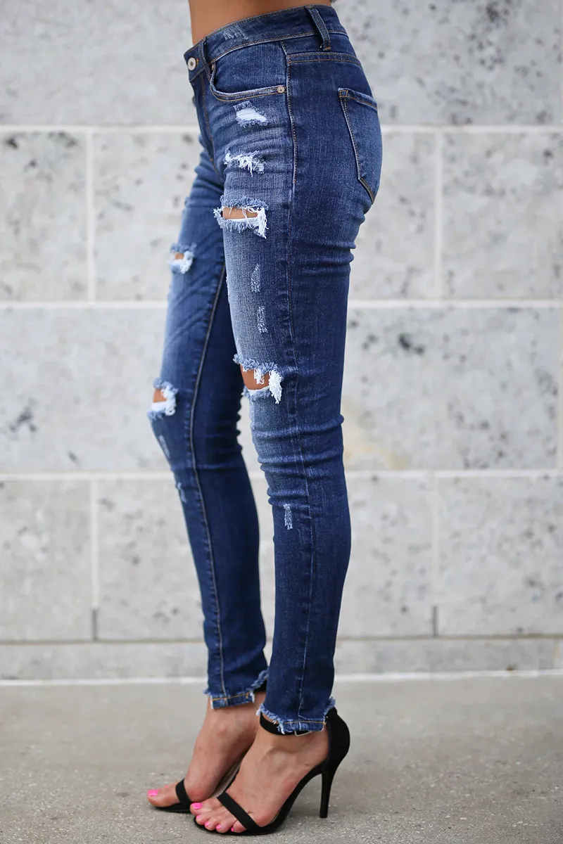 Buttoned Ripped Raw Hem Skinny Jeans