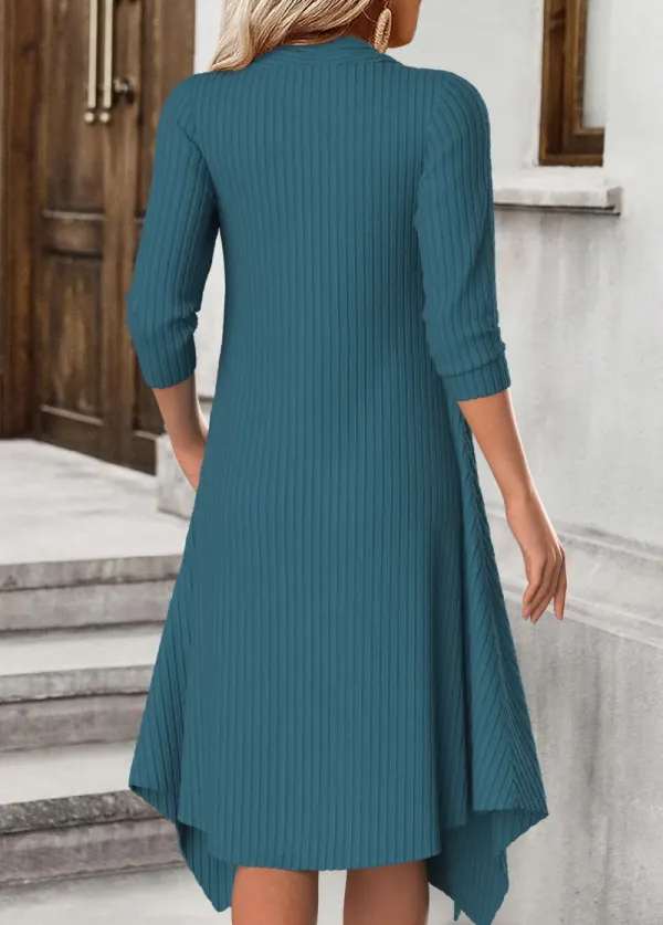 Peacock Blue Tummy Coverage Floral Print Long Sleeve Dress