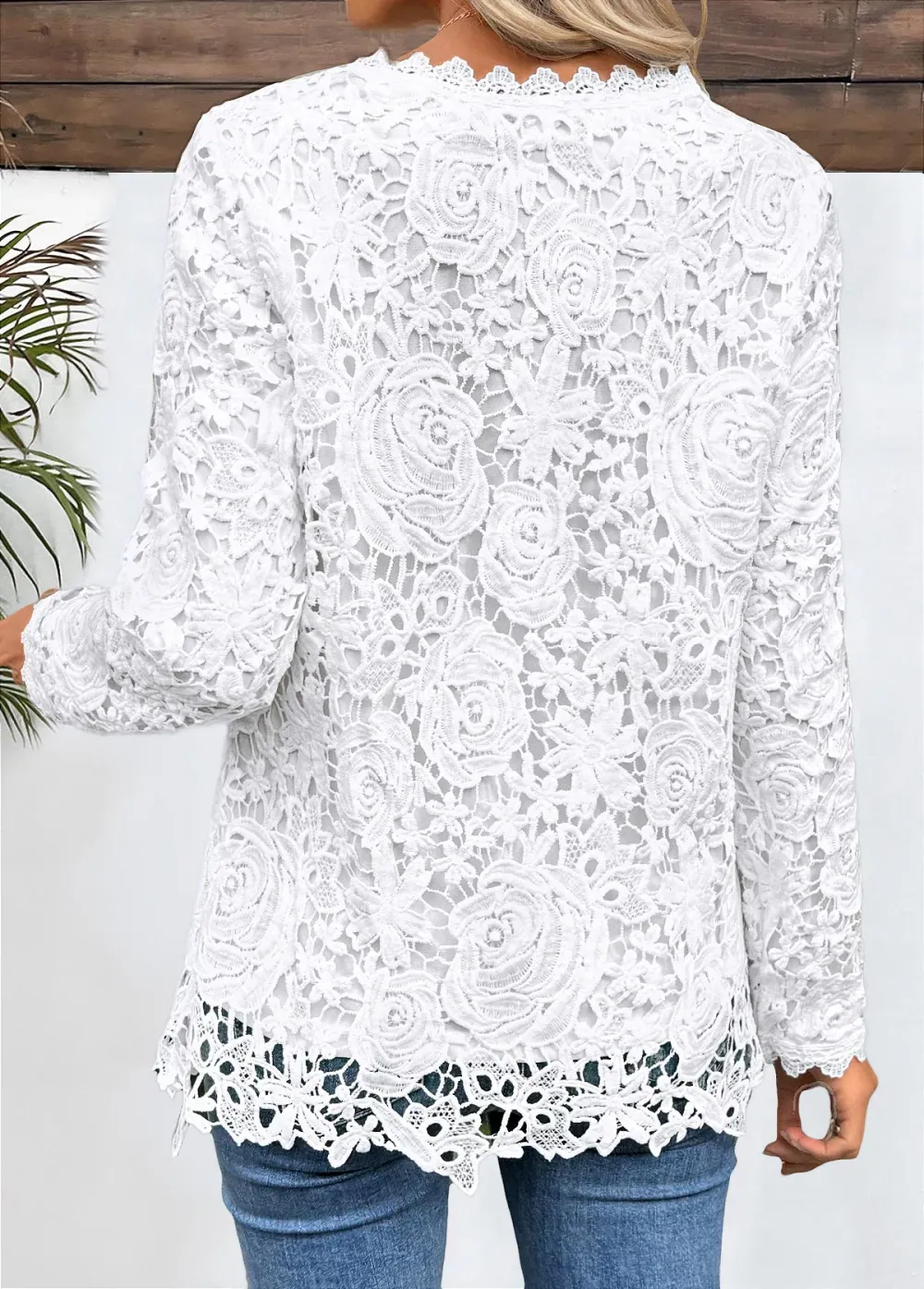 White Embroidery Long Sleeve Round Neck T Shirt