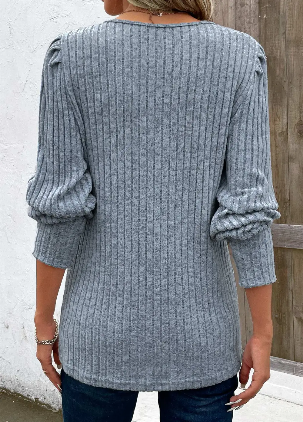 Dusty Blue Lace Long Sleeve V Neck T Shirt