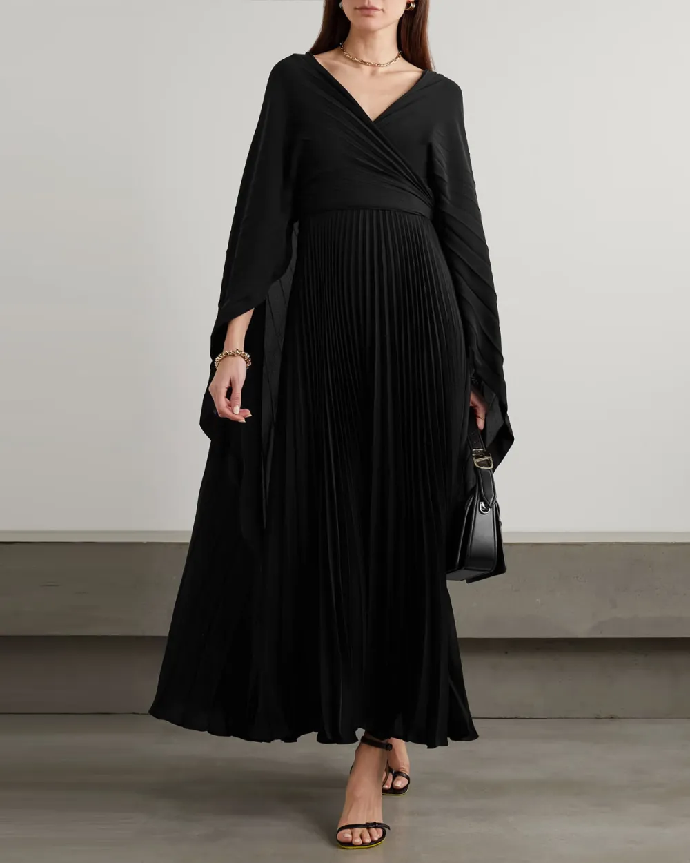 Cape-effect pleated silk maxi dress