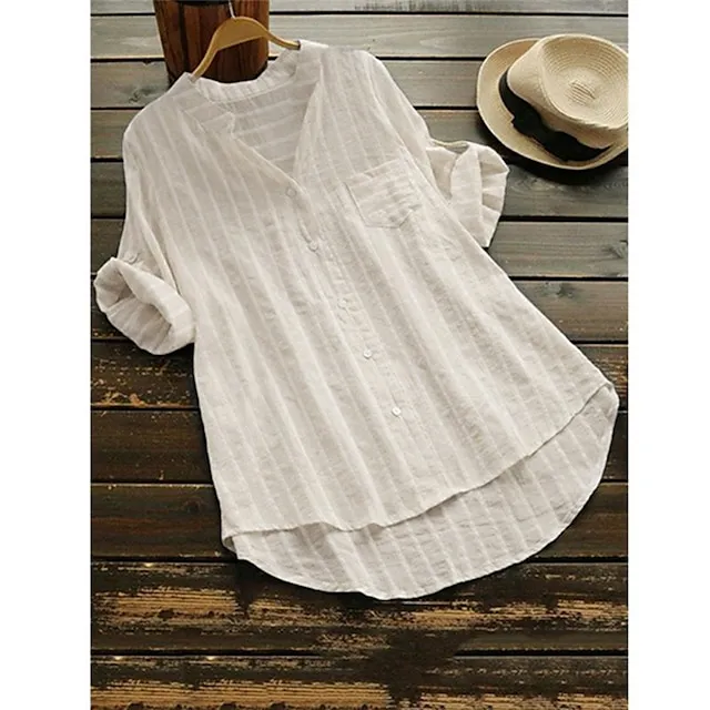 Blouse Women's Light Blue Black khaki Stripes Button Front Office S