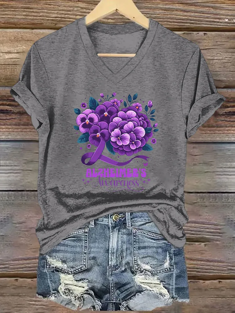 Women's Alzheimer's Print Casual V-Neck T-Shirt