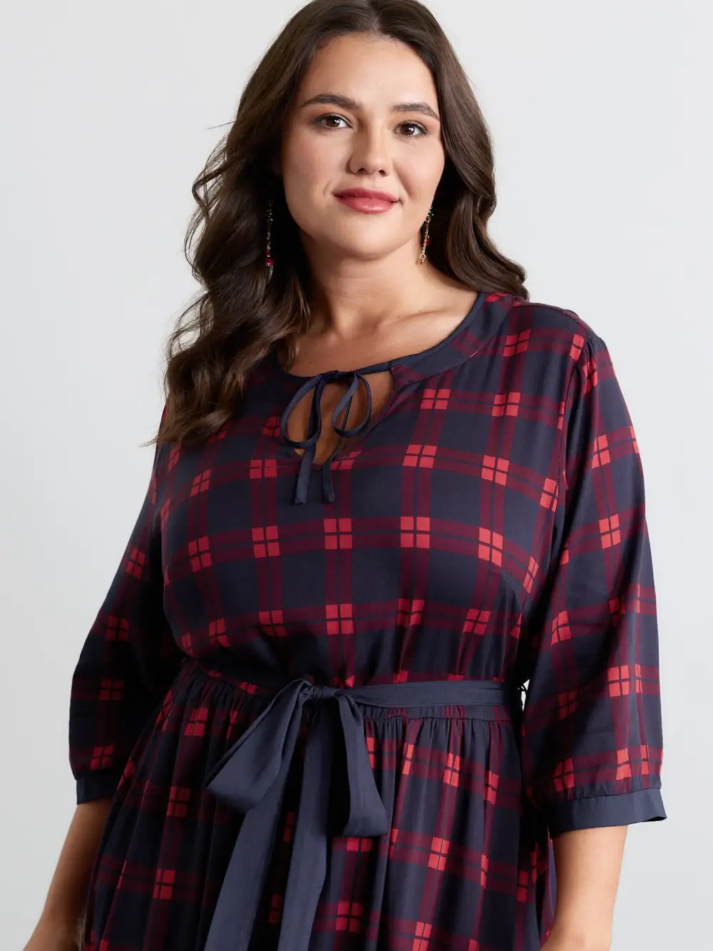 Holiday Plaid Waist-Tie Maxi Dress