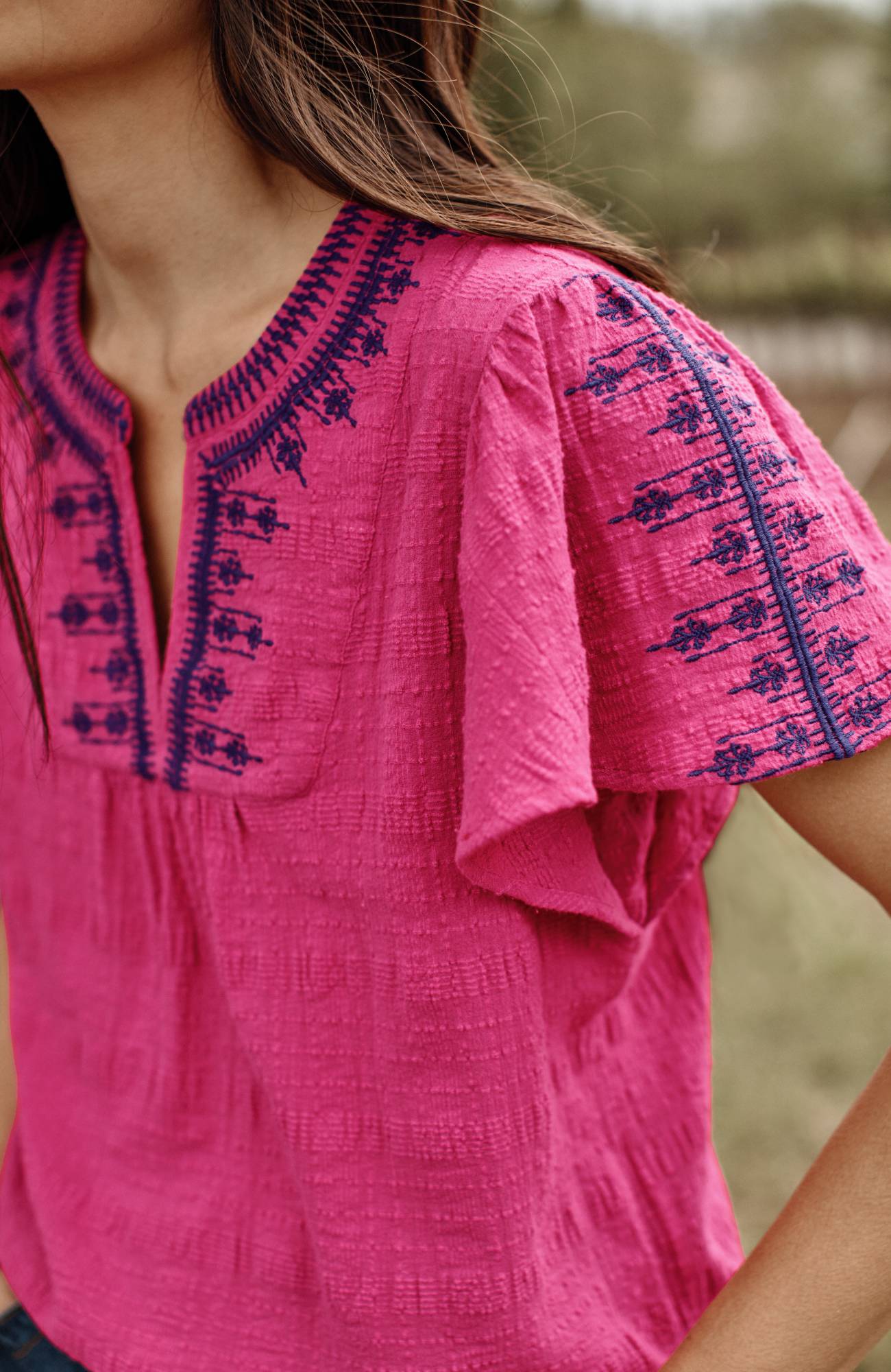 geometrically embroidered textured top