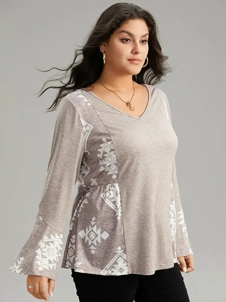 Floral Print Bell Sleeve V Neck T-Shirt