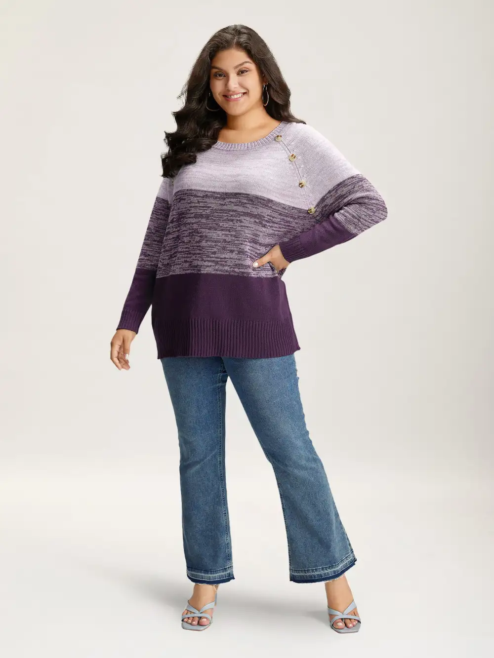 Colorblock Contrast Heather Button Detail Pullover