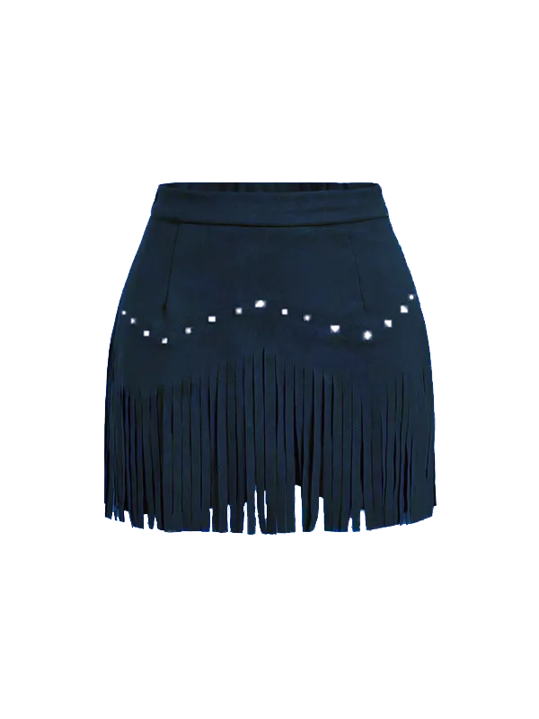 Women's Fringe Trim Skirt – Elegant Solid Color Zipper Bottom