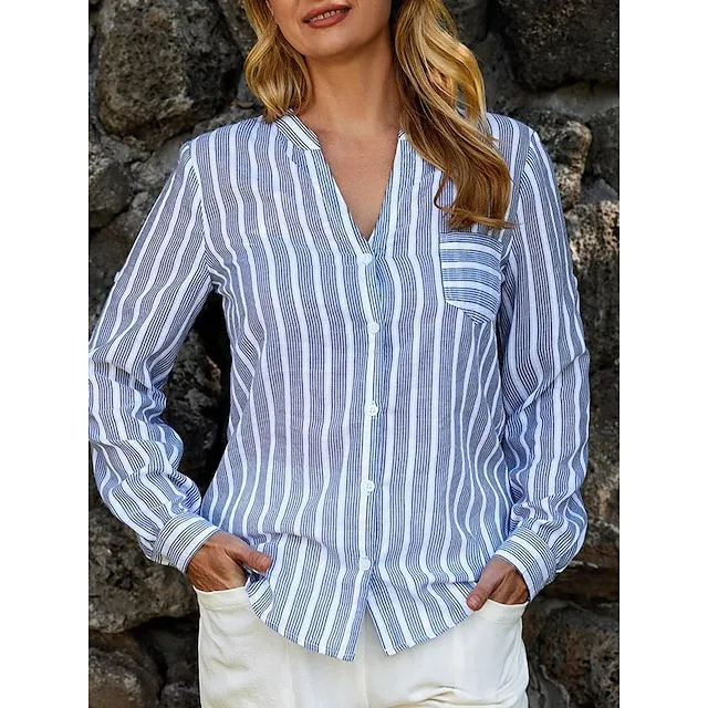 Women's Blouse Light Blue Stripes V Neck Button Front Office Shirt Long Sleeve Blouse For Spring  Summer Autumn