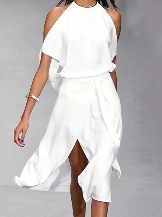 Women‘s A Line Dress Midi Dress White Black Gray Sleeveless Pure Color Split Spring Summer cold shoulder Personalized Stylish Elegant Loose 2023 S M L XL XXL