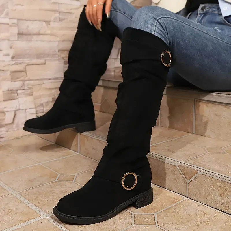 Women's Solid Color Trendy Boots, Buckle Belt Pull On Chunky Heel High Knee Boots